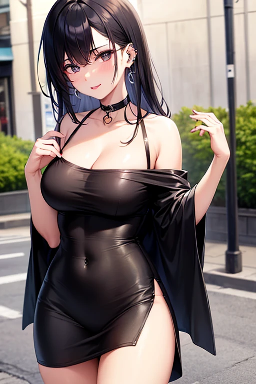 NSFW, 1girl, ((25 years old)), (((HD, UHD, HDR, Best Quality, Highly Detailed, 16K, Realistic anime, kbj))), black hair, long hair, (bright white skin), beautiful eyes, gray pupils, sexy lips, beautiful face, pretty face, smiling, blushing, whole body, slightly small breasts, shy, dongtan, gray one piece, city girl