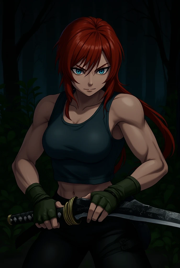 concept art, anime girl, full body, orange red hair, wearing a fighting stick, dirty, survivor, with leather gloves, appropriate clothing for fighting martial arts, olive green clothing, wearing bandana on head, tiger tooth necklace