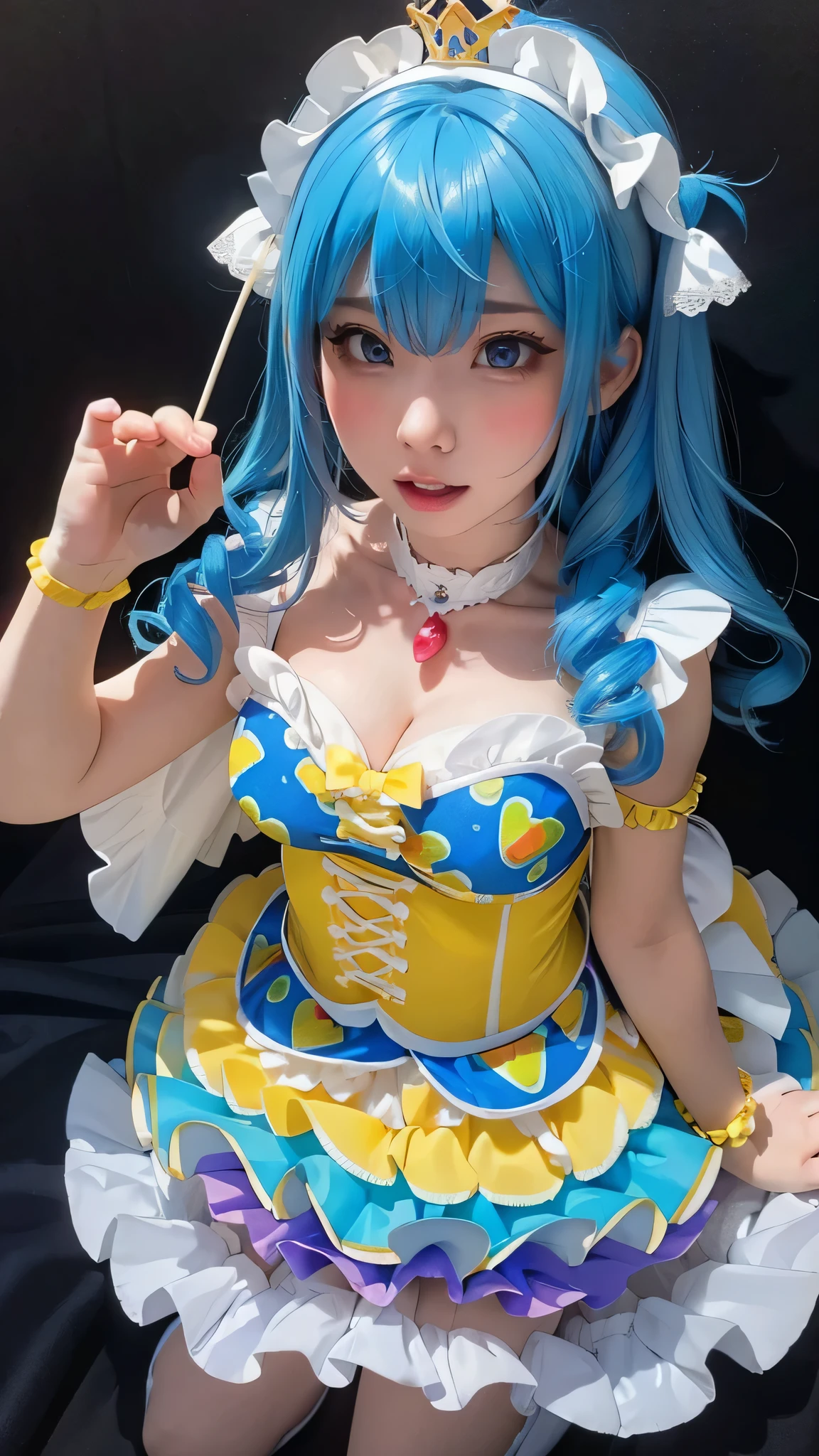 the twentieth woman, Porcelain white skin, Sexy Maid Costume, blue and red dot dress, frill, Mini skirt, Big Breast, Fancy makeup, Blue Eyeshadow, blue grass eyes, macabre smile, Nipple, Yellow blonde hair, Twin tail, Porcelain Skin, Glossy white skin, White plastic skin, Body modification, mind control, Full body, Like a doll, Wide Eye, Ahegao, Blue tongue, Clown makeup, porcelain, imitation white skin, pink nipple makeup, sexy maid doll, show panty, pink striped ruffle socks, High heel, Low awareness, nude, NSFW, dolly white body, dolly blue grass eyes, shiny body, plastic imitation white body, Full body photo, child intelligence, doll, mannequin, tight corset, frill panty, gaudy crown makeup, creepy smile, glossy maid costume, show hip, brain washed, robot, lobotomy, brain modification, modified twenty-five woman, white skin body, strawberry pants