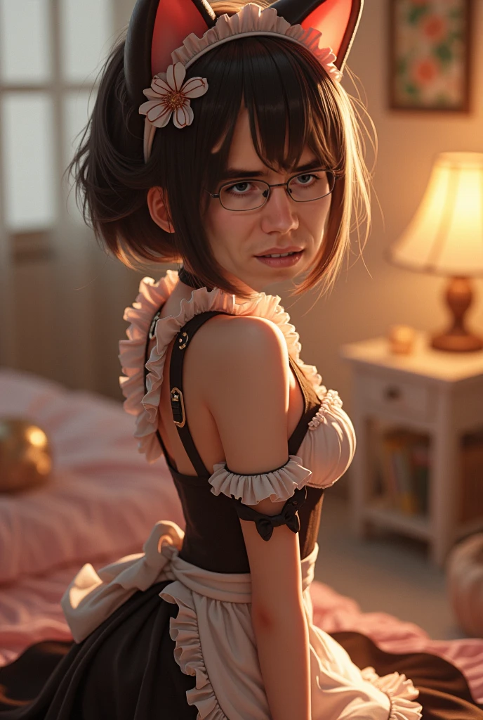 Il y a une femme adulte avec des lunettes,dans une cuisine , préparer le repas, vue de face, front view, close up, porte un tablier et petite culotte dentelle blanche, cheveux noirs et mèches violettes, oreilles de chat sur la tête, gros seins, belle poitrine , Décolleté important, Avatar de seconde vie, Belle capture d’écran, charme , Seconde vie, Plan rapproché du corps entier , femme séduisante, portant des lunettes noires brillantes