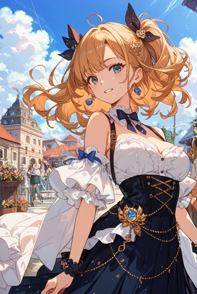 A beautiful 28-year-old woman, Navia, wearing sexy lingerie, stands in a crowded French city, hyper detailed huge breasts and ultra detailed features rendered in the best quality, 4K masterpiece.