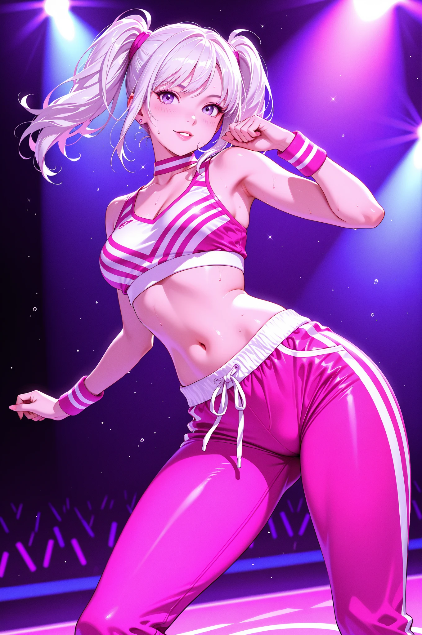 (Cool woman.Dark, tanned skin.Muscular, lean body.Chiseled six pack.sharp drooping eyes.Platinum Blonde Hair.Center parted wavy long hair.Tight waist.Very large breasts.Very large breastsの谷間.Firm breasts.Beautiful light pink areola.Glowing skin).(Sexy tight-fitting cheerleader outfit.Pink thong panties.Holding cheer pom-poms in both hands).(1 person.Large playground.dancing.Arms raised and open.Stand on one leg with one leg raised high.Panties are visible.smile)Perfect Face.Accurate 5 fingers.Accurate human body.Exact number of arms.High resolution.It&#39;s dynamic.Upper body reflected