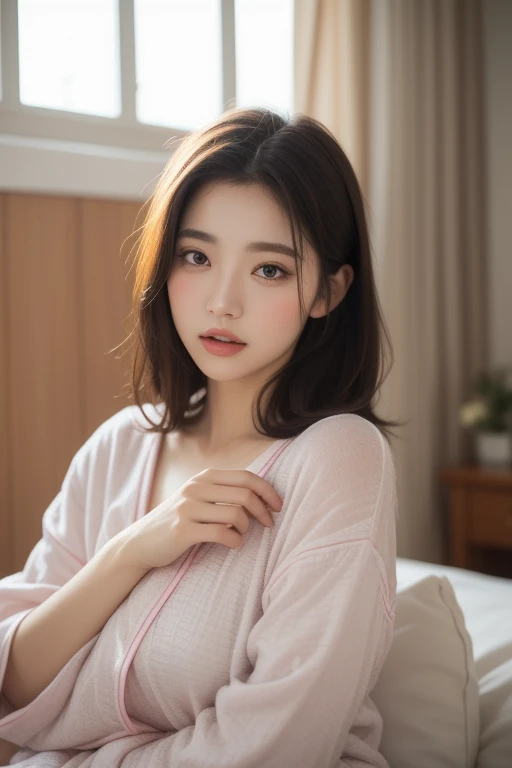 ((Highest quality、8K、masterpiece:1.3))、focus:1.2、wide angle, instagram photo, Beautiful woman perfect body:1.4、fit body、((Bob Hale、Straight hair:1.2))、(to be born, Highest quality, masterpiece:1.5), (Realistic, Intricate details:1.2) 、sleepy face, ((sleepy)), Beautiful Face, dark brown eyes, medium long hair, messy natural hair, ((small breast}), Bright skin, Kodak film fine grain, High Contrast, back lighting ,Moist Body:1.5、detailed eyes、[Brown Hair]、messy hair, just wake up, on bed, messy bed, purple blanket, sleep wear, dress, hand hold book, reading book, coffee cup on bed, cozy, girly bed room in apartment, morning, warm sunshine, back lighting