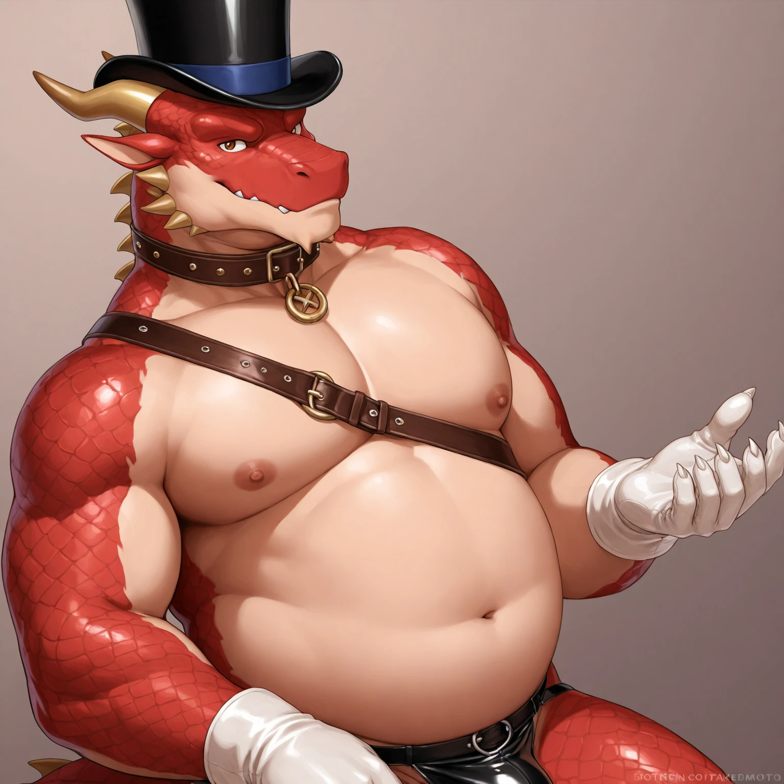 Multiple Dragons exist, A Male, fat, extremely obese, gentleman, dapper Professor Dragon with a large penis and testicles, ejaculating extreme amounts of sperm from the penis, blue eyes, (soft shading), 4k, hi res, ((detailed face, detailed)), evil grin, steampunk, collared shirt with buttons, top hat, male focus, Explorer Outfit, glasses, monocle, vest with buttons, sleeves rolled up, round eyewear, brown headwear, brown vest, Dragon is wearing a glossy leather dog collar around the neck, Dragon is wearing the leather collar and shirt and vest at the same time, Dragon is wearing glossy white rubber gloves on the hands, wearing white rubber spats on the feet, gloves and spats are rubber in texture, clenching teeth, clenching fists, leather collar is glossy and shiny with a lot of detail, Dragon is wearing gloves and leather collar and spats at the same time, leather collar has a round dog-tag, leather collar is thick and detailed, sperm is sticky in texture. A Second Dragon with the same attire, helping the fat Dragon ejaculate sperm from his penis, Second Dragon is rubbing the fat Dragon's Penis, Second Dragon is wearing glossy white rubber gloves on the hands and rubber spats on the feet, Second Dragon is wearing a glossy leather dog collar around the neck, second Dragon is wearing the leather collar and vest and shirt at the same time, Second Dragon is examining the fat Dragon's penis by rubbing it, second Dragon is clutching the fat Dragon's penis with his hand, fat Dragon is lying on the floor with legs spread apart shooting sperm from the penis.
