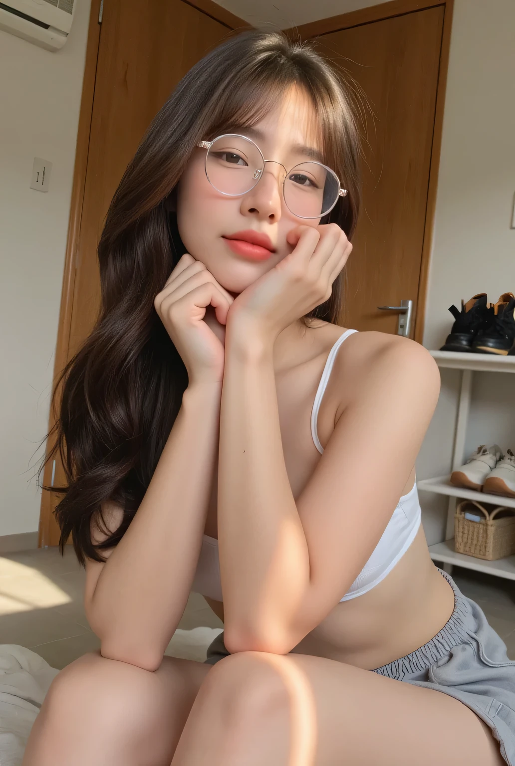 araffed asian woman in glasses sitting on a bed, Brown hair long,By bangs, long whitr hair,Thick bangs, Gorgeous young Korean woman, Long hair with bangs, With glasses, ulzzangs, Beautiful young Korean woman, wearing thin large round glasses, Asian girl with long hair, beautiful Korean women, Korean girl, long straight bangs, brown hair,By bangs