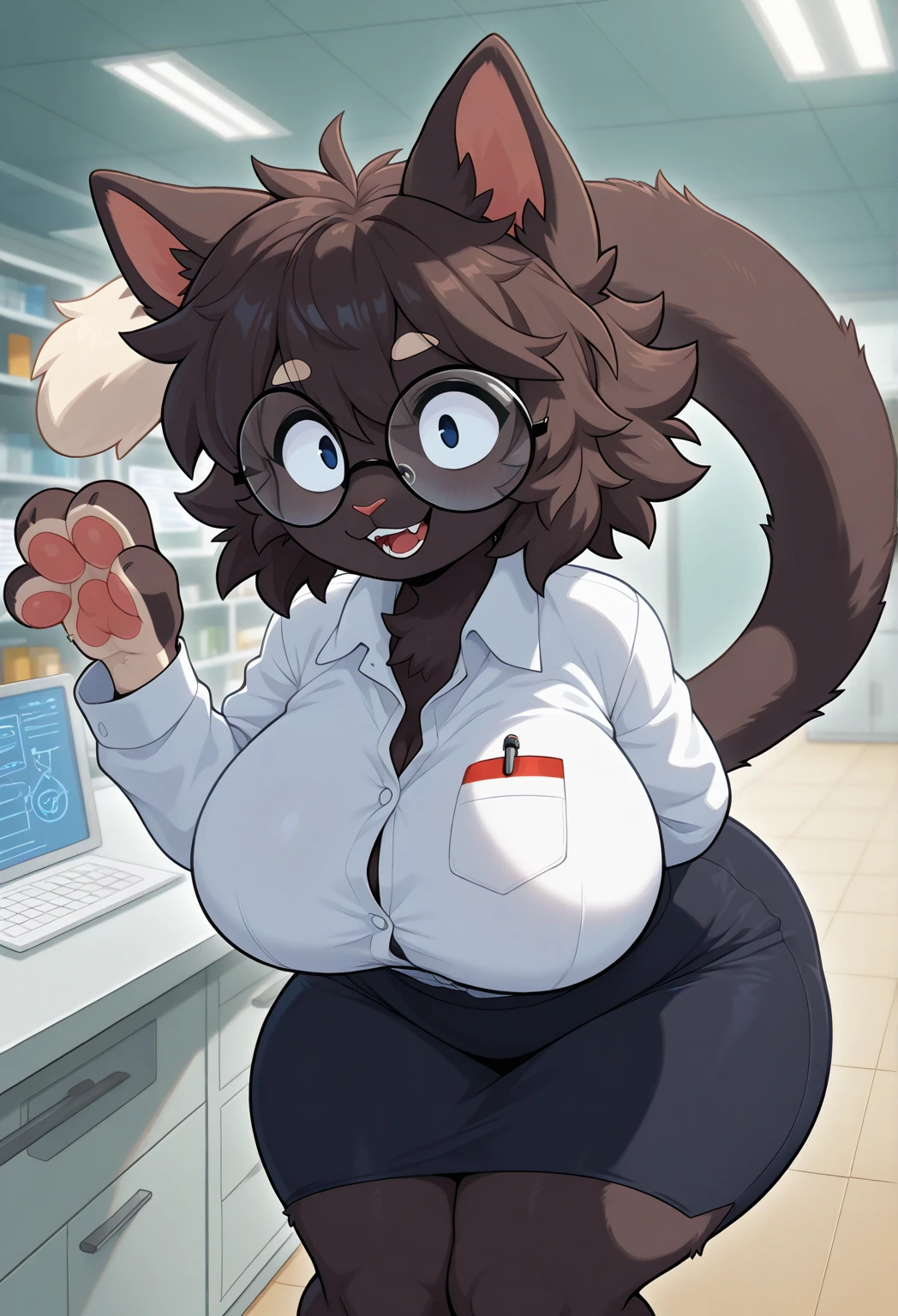 Embarrased expression, score_9,score_8_up,score_7_up,(fluffy anthro furry :1.3),  Best quality,best resolution,(fluffy anthro fluffy :1.3), (Solo) anthropomorphic furry female cheetah, buxom breasts, long brown hair, green eyes, indoors in a crowded mall, lots of people, , perfect hips, aesthetics of the female body, very noticeable relief of the body and hips and legs, top view, shes very tall, blue genitalia, white shirt, smiling, whole body, futanari, cum, cock, ,  cock milking machine, onahole, lactation, ahegao, big tits, glasses
