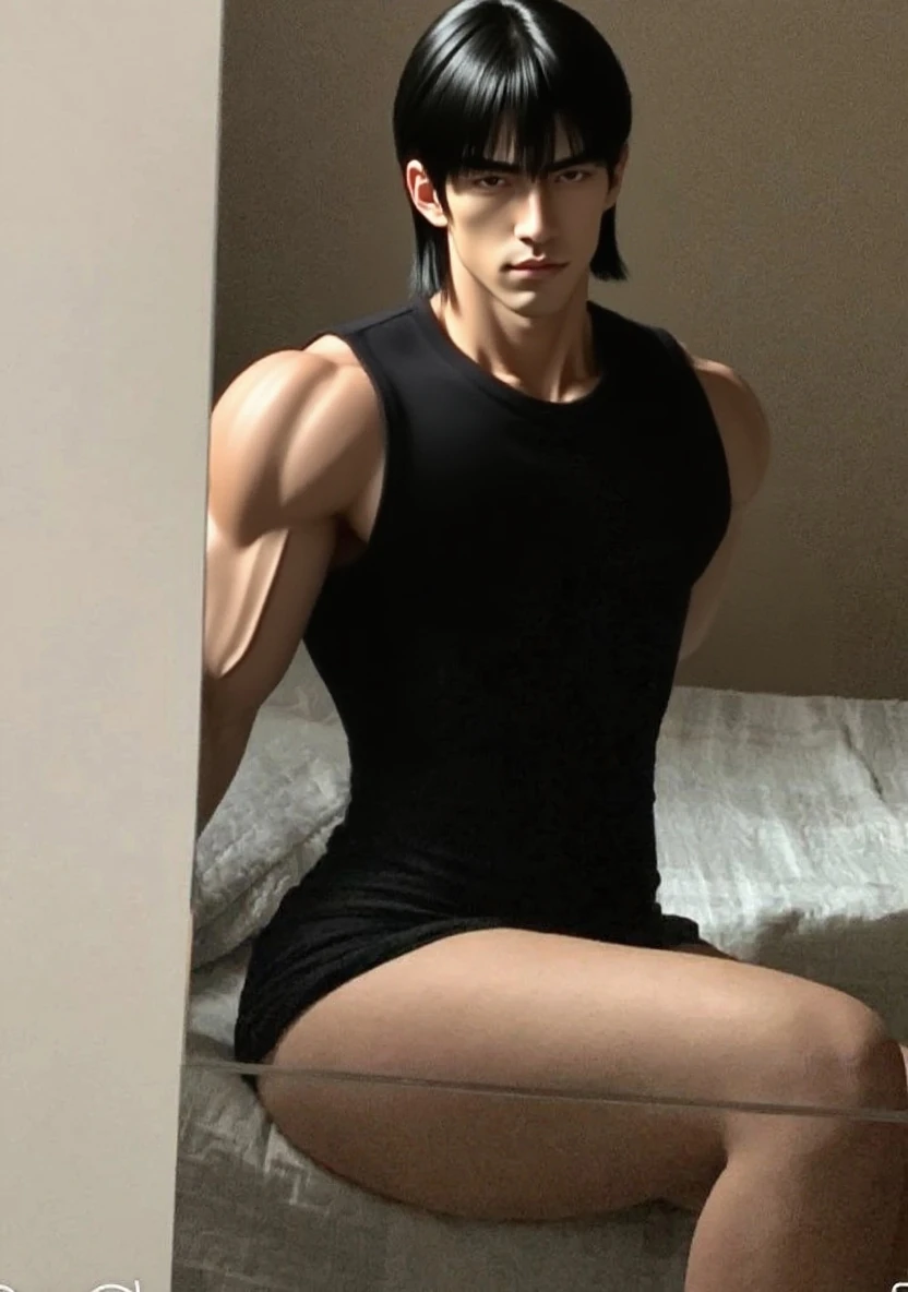 Solo, male focus, 1 boy, Shinji chair, sitting, head down, short black hair, 1 boy, (masterpiece, super high quality, high resolution, 8k, complex: 1.2), (detailed face:1.2), handsome, young Korean man, white skin, double eyelids, detailed skin, 1boy, (realistic)), abs, good lighting quality, muscle veins, ((pale skin)), wearing tight panties, lust face, abs, naked upper body, bare feet
