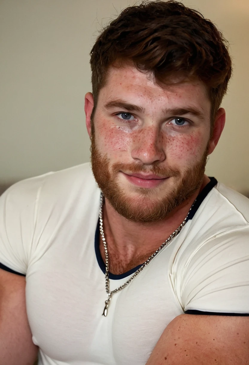 Young man with ginger hair, shirtless, happy hairy trail, ((detailed, realistic, hard penis))
