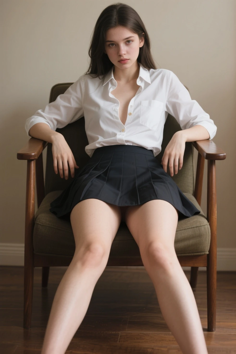 (RAW shooting, Photoreal:1.5, 8k, highest quality, masterpiece, ultra high resolution), perfect dynamic composition:1.2, Highly detailed skin and facial textures:1.2,(beautiful and aesthetic:1.2,Fair skin:1.2, full body:1.2,sitting:1.2,chair:1.2,legs together:1.2), (large breast:1.4), (perfect limbs:1.2), (perfect fingers:1.2),(caucasian,1girl,earrings,makeup, tall,standing,short blonde hair,(dark brown vest:1.2,white shirt:1.2,long sleeves,long necktie,fingerless gloves),(bottomless:1.2, pantyhose:1.2),(perfect thigh:1.2)),(simple background:1),