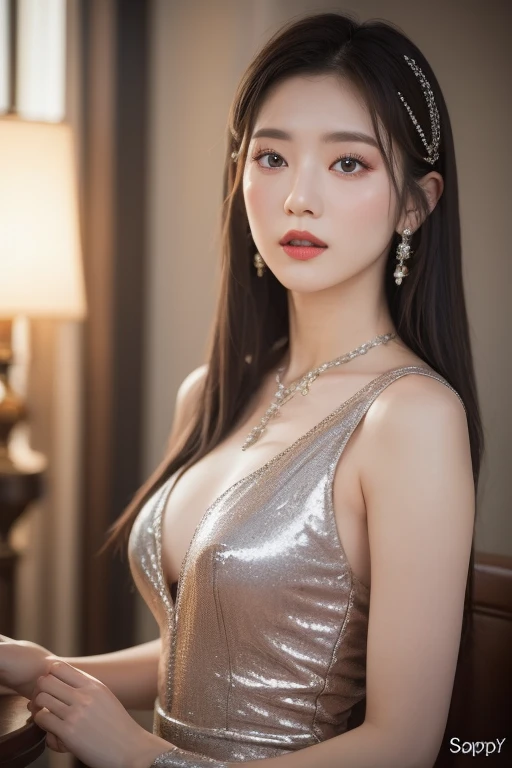 (8K Portrait:1.1、RAW Photos, of the highest quality, Masterpieces:1.2)、(The ultra -The high-definition:1.1)、(portraitures, high resolution RAW color photos, Professional Photos)、Super Resolution、(Realistic, Real Photos:1.3),1 persons、super detailed, highly detailed and beautiful, Highly detailed, Amazing details、Cute beautiful woman with perfect body:1.4、Slim big: 1.2、full body Esbianイメージ、shinny skin、Glossy lips、High-definition face and skin texture、A detailed eye、二重まぶた、(5 Hands、Human hand)、Highly detailedな、((Gray hair color、Longhaire、Curled Hair)), ((Breast H Cup:1.2, very large breast:1.2、Too large breasts:1.2、Bursting breasts))、(((voluptuous breasts:1.3)))、((young skin))、(((The skin is shiny:1.3)))、(High Definition Breast、happy facial expression)、((full body Esbian:1.3、Shooting from a distance:1.2))、((married woman:1.2))、(a necklace)、((Black lingerie:1.1, sexy lingerie:1.1))、(((Gold and black cheongsam:1.3)))、(((White tights:1.2)))、((embroideries:1.2))、((See more skin:1.2))、((outside of house:1.2))、(((natta:1.3、illuminations:1.3)))、((Christmas tree、Christmas))、 (((Sit on the bed)))、((Bold figure))