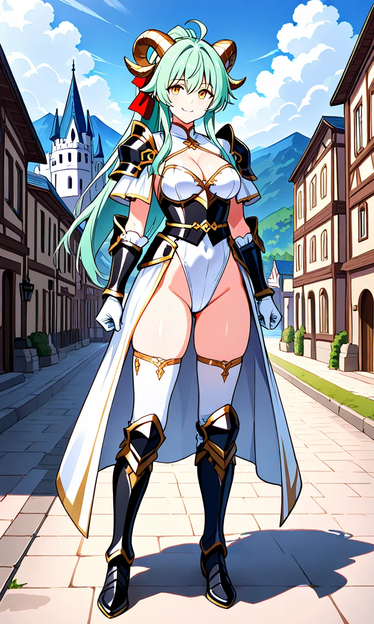Masterpiece, Best Quality, 1peacock girl, perfect face, perfect body, perfect breasts, medium hair, blue hair, purple eyes, blue leotard, groin, cleavage, shoulder pads, {full white gloves}, {knee armored gauntlet}, {blue armored boots}, tiara, cape, castle, outdoor, day, standing, {full body}, smile Granblue Fantasy style