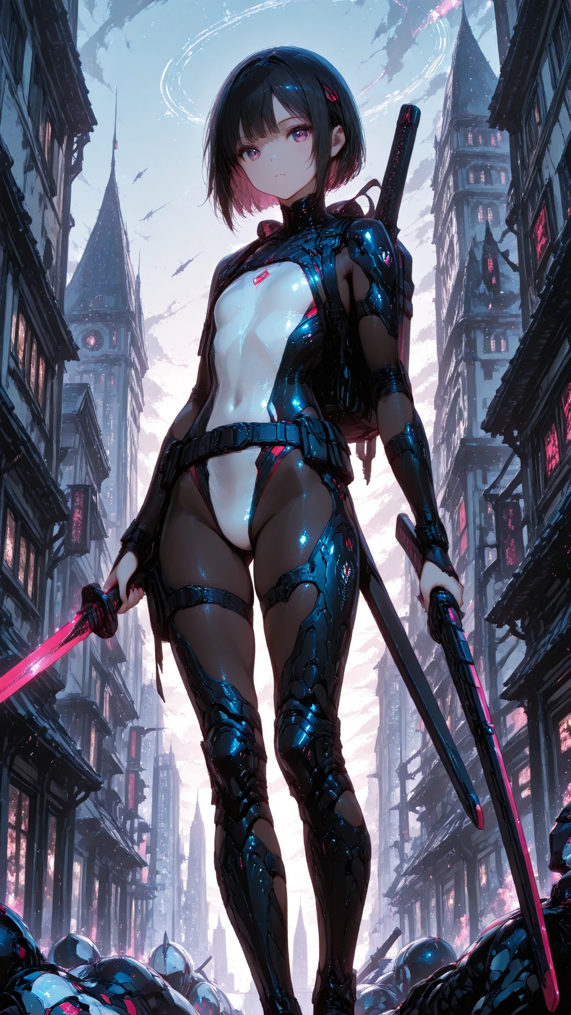 alta resolução, obra-prima, melhor qualidade, uma mulher, plague doctor, roupa futurista, purple_suit, tattoo, estilo cyberpunk neon, ao fundo cidade cyberpunk a noite, pele finamente detalhada, seios enormes, pernas muito musculosas
