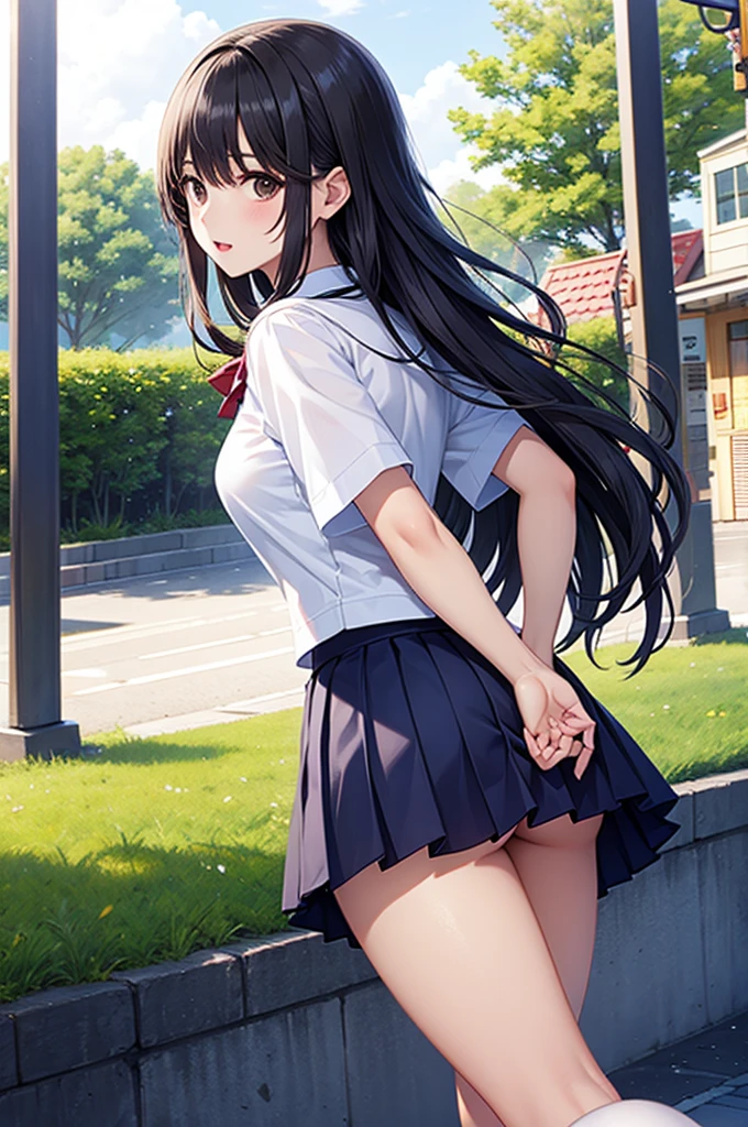 Cute schoolgirl back, problem girl, skirt clipped in shorts, hips