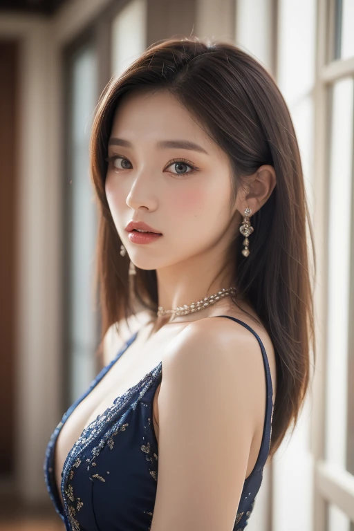 masterpiece, black hair, pure background, beautiful, elegant. Ultra-fine details, masterpieces, realistic textures, realistic cinematic lighting, perfect work, 8k, HD, delicate facial features, half body shot, large breast, oyal blue velvet wrap dress with a diamond pendant, Regal, Luxurious, Palace courtyard, Gala under the stars,