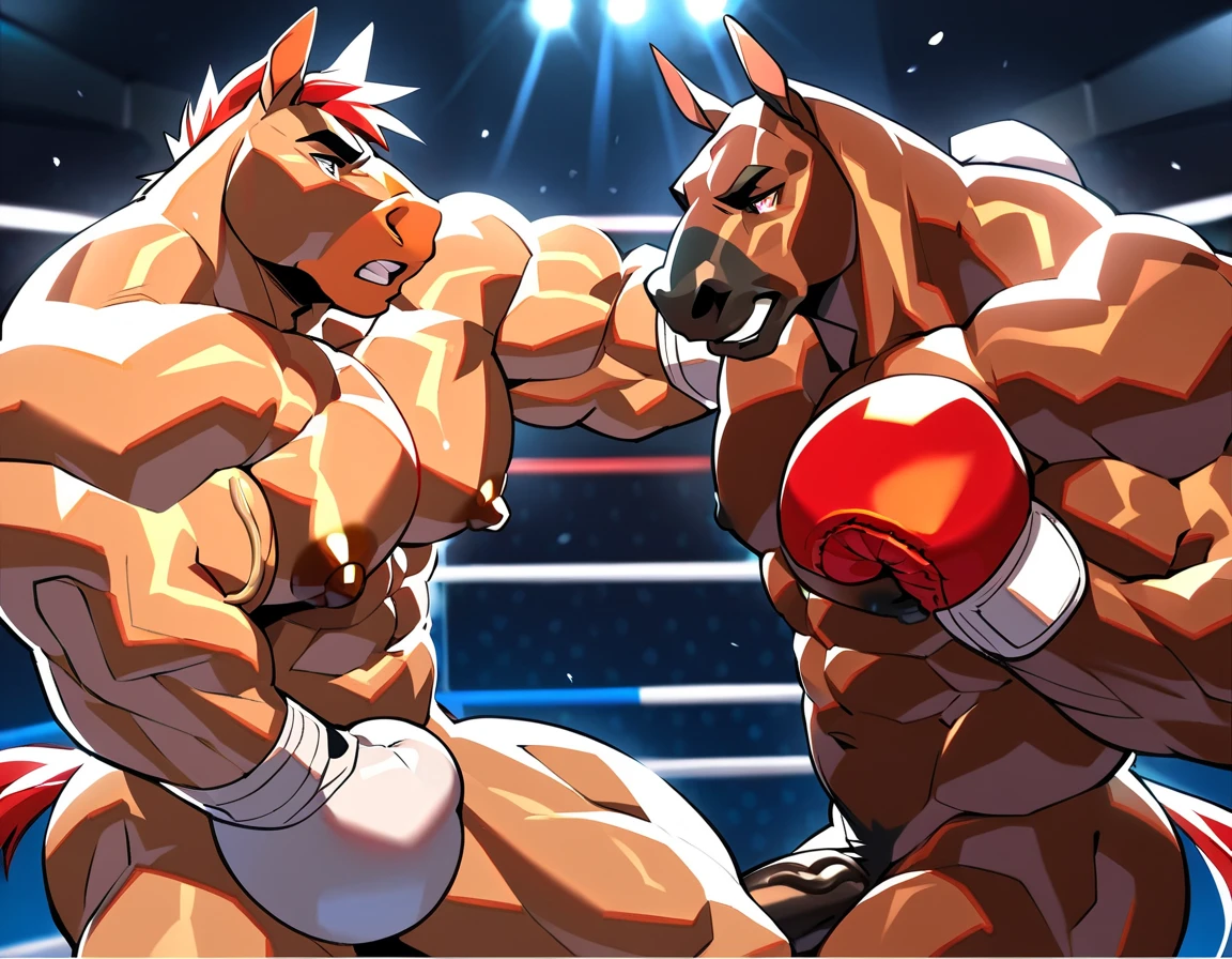 anthro male horse with horse head, athletic build, in the boxing ring, dynamic pose, sweat dripping