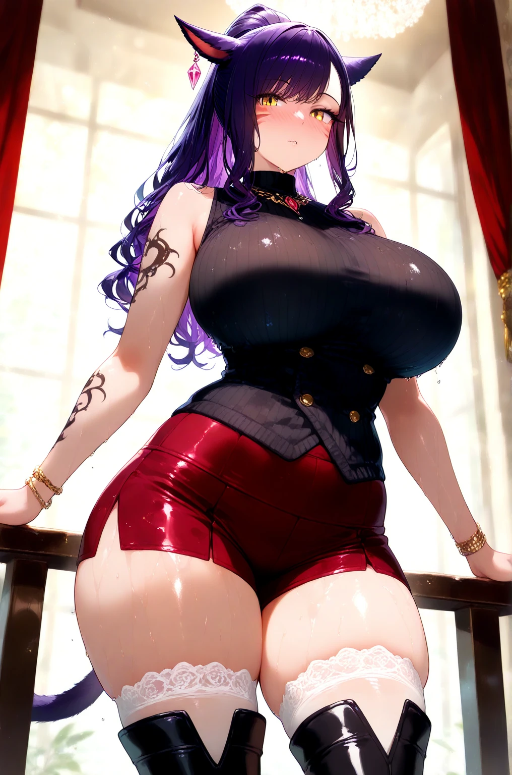 (masterpiece, best quality:1.4, anime style), illustration, 8k, hd, 1girl, solo, moxxibl2, eyeshadow, makeup, heart tattoo, hair over one eye, green eye, lipstick, cleavage, top hat, choker, fingerless gloves, fingerless gloves, fishnets, thighhighs, belt, striped, asymmetrical legwear, underwear, purple dress, ((big belly, big breast, vore belly, person in belly, massive belly, colossal belly))