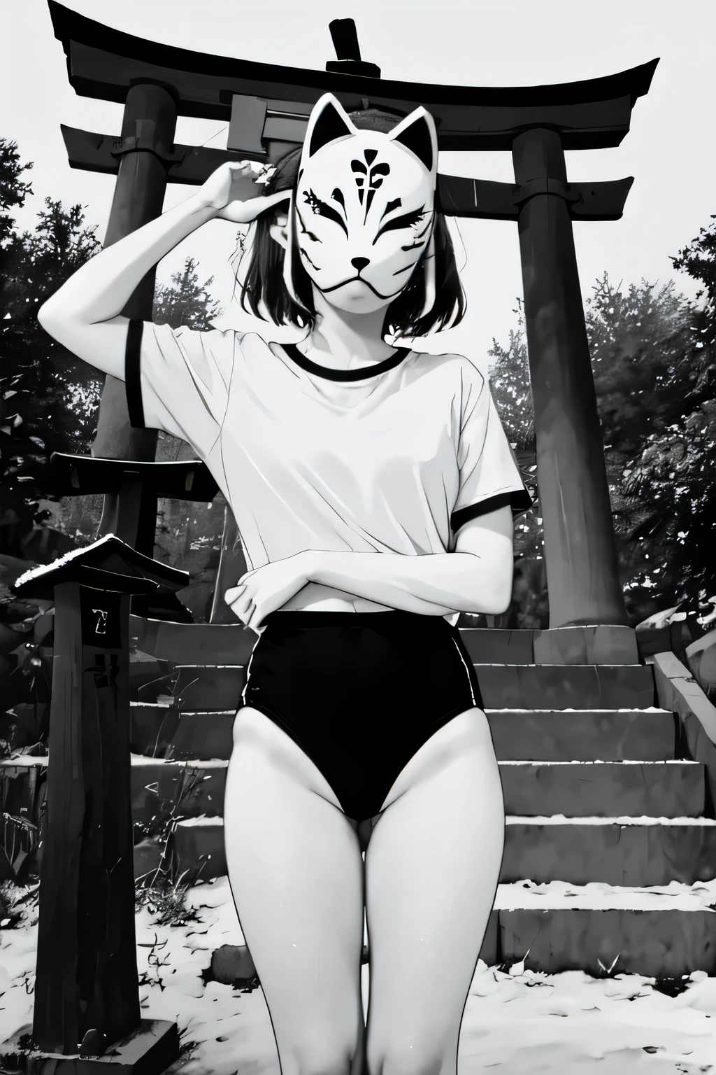 monochrome,anbu,1girl,medium hair,black hair,wearing a black gymnastics bloomers,highleg,self wedgie,white blouse,standing,torii,solo,