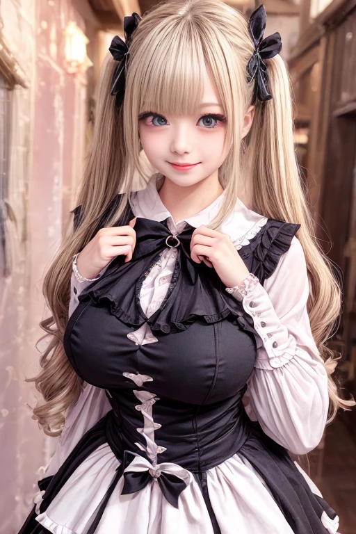(highest quality、８K、masterpiece、High resolution、genuine、3D),Best Quality、15 years old, ((cleavage)), elementary school face,lolita,mascara, cute smile, loli, loli、bangs