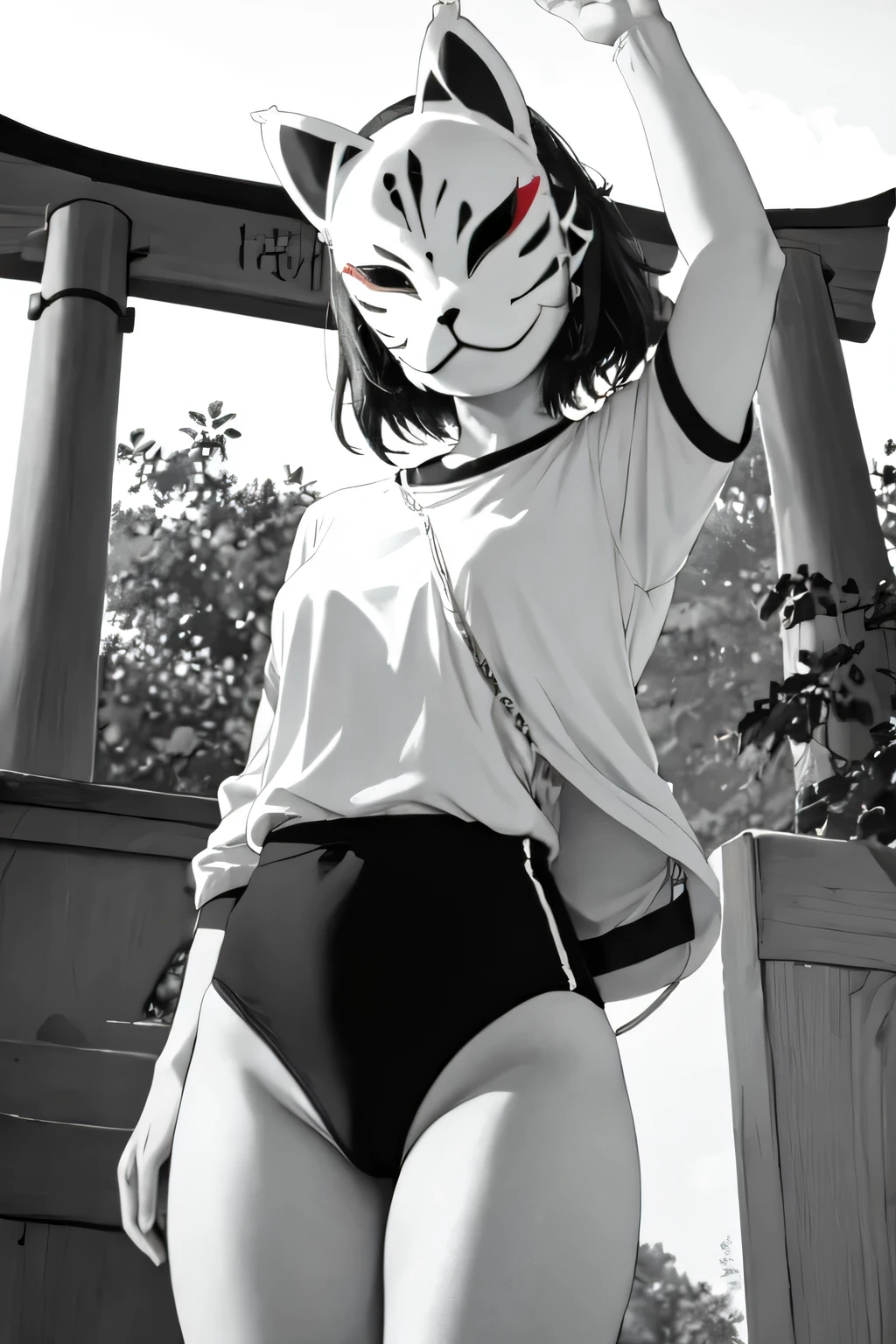 monochrome,anbu,1girl,medium hair,black hair,wearing a black gymnastics bloomers,highleg,self wedgie,white blouse,standing,torii,solo,