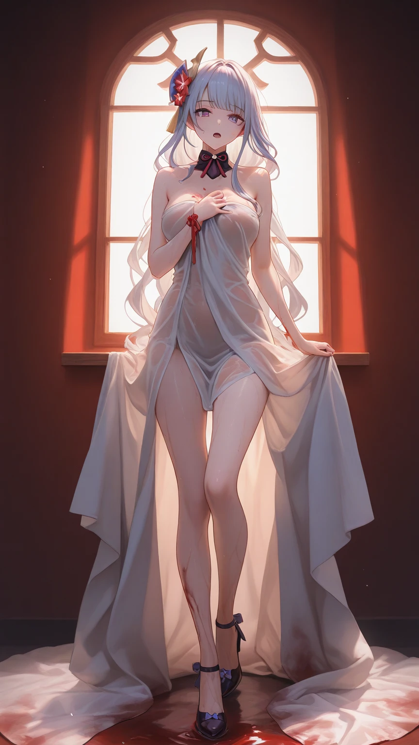 ((best quality, masterpiece, 4k, best anatomy)), moody lighting, beautiful elf woman, (crimson red hair), ((very long hair)), perfect face, innocent smile, sparkling eyes, ((Grey blue eyes)), ((naked)), ((slender)), ((flat chest)), ((18 years old)), skindentation, extreme detail, attractive oval face, pink lips, pink nipples, glossy skin, detailed hair, face focus, close-up chest, gold ornamental necklace, earrings, ((1 girl)), blush, embarrassed expression, ((high heels)), Standing, long legs, ((thigh-highs)),