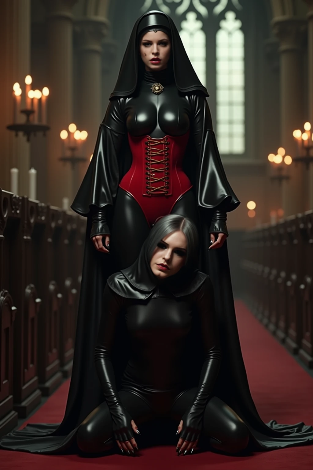 Two hijab girls lesbian pose in the balcony. Very huge breast, busty,  wear sunglasses dressed shiny latex cloak with high popped collar, overknee boots,  leather long gloves, Very glamour and Elegant and classy. Full body 