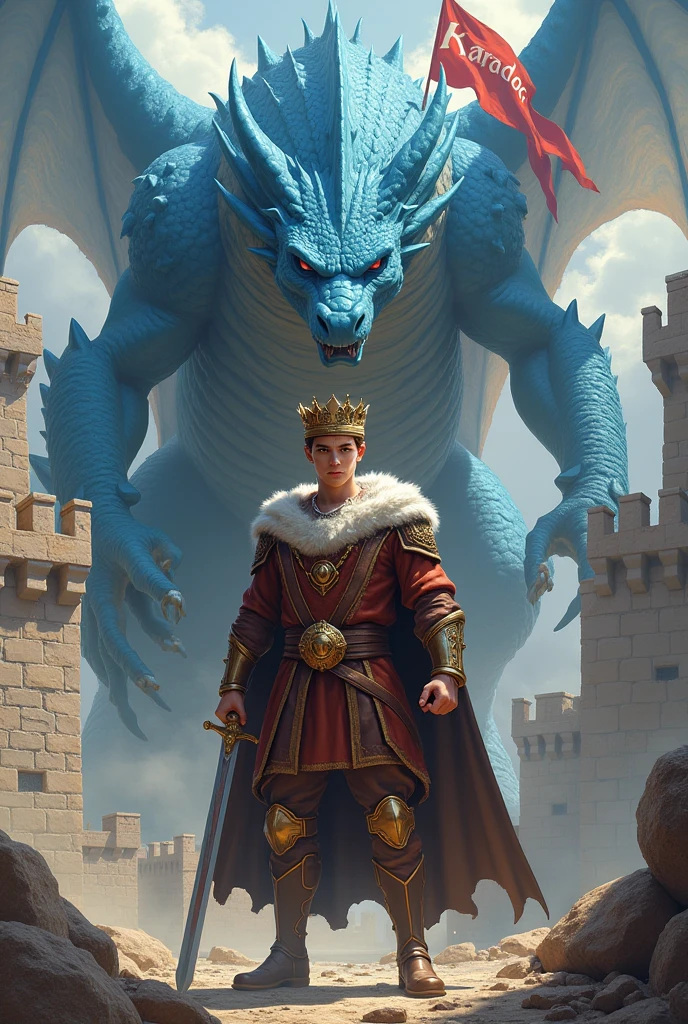 King, 1 man, 2 komodo, thrown, red carpet, blode hair, blue eyes, strong, piwerful, robes, crown, majestic