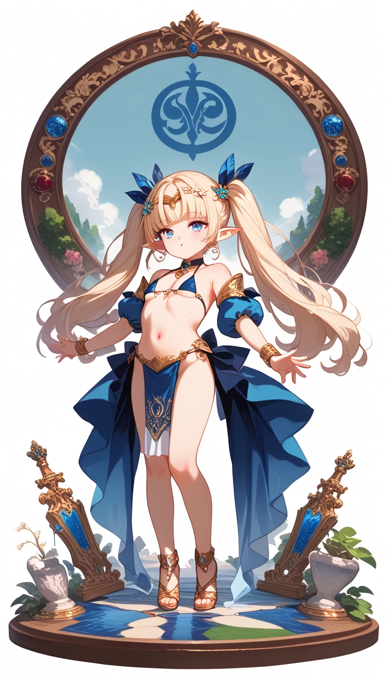 masterpiece、top-quality、ighly detailed、hight resolution、16k、fullnude、teats、Teetoob proportions、elvishの女の子、golden armour、Very thin skirt、Black pants、Very white skin、Beautiful fingers、Anime girl with very big breasts posing naked、Perfect Style、elvish、no-bra、Blonde blue-eyed、A smile、slim the contours