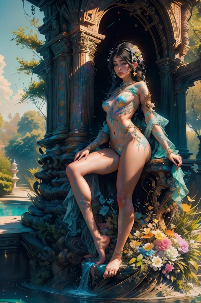 ankymoore, Bottom-up view, 1rapper with dread hair with tattoos, white and red sexy clothes(cameltoe), graffitti background, (masterpiece), (best quality:1.2), absurdres, intricate details, flowers, leaves, roots,A gorgeous  stunning woman completely covered in paint floating in a pool, beautiful lighting, big detailed beautiful eyes, Nirvana, relaxed, body full, paint drops, Paint Swirls, Paint Splatters, (Beautiful Spiral Paint Swirls), by Jeremy Mann, By Sandra Chevrier, vivid contrasting colors, chromatic abberation, black background, behance HD, Masterpiece, Best Quality , (realistic:1.2), (high contrast:1.2),Gold decoration, goddess of the forest, beautiful caucasian girl in close-up, beautiful goddess fused with the forest and trees, black hair fused with platinum and gold, naked girl, beautiful visible pubic area, pink pesones, small breasts in sight, pond of water in the garden,black hair and gold and silver and bronze decoration, goddess of the forest, beautiful caucasian girl close-up, beautiful goddess fused with forest and trees, black hair fused with platinum and gold, girl naked skin wet with water, beautiful visible pubic area, pink pesons, Exposed small breasts, garden pond, mandala and flower tattoos on the naked body, floating antique clock, lamp, lantern, garden pond, visible beautiful pubic area, pink , small breasts in the view, full body, Sakimichan art, oriental mandala tattoo, fractal background, silver and gold and bronze spirit, floating ancient clock, ancient lamp, faint smile, view from below, towering goddess,  female body fused into forest vines and leaves of trees,