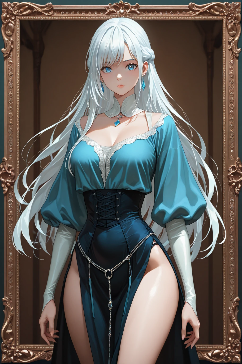 Noble Mansion,(gray hair:2.0),Slender high straight ponytail,gold headband,Standing close-up,dream world,Mature lady,(Slender blue phoenix eyes,lipstick,long eyelashes),long eyelashes,Contact lenses,gemstone gold necklace,(Off-shoulder blue fur dress,fur tube top,Plush tube top,fur strapless,wide cuffs,Long skirt,belt:2.0),fur tube top(big breast)ballroom background,(soft light and shadow:1.9),fur high heels,plush high heels,Detailedly drawn backgrounds