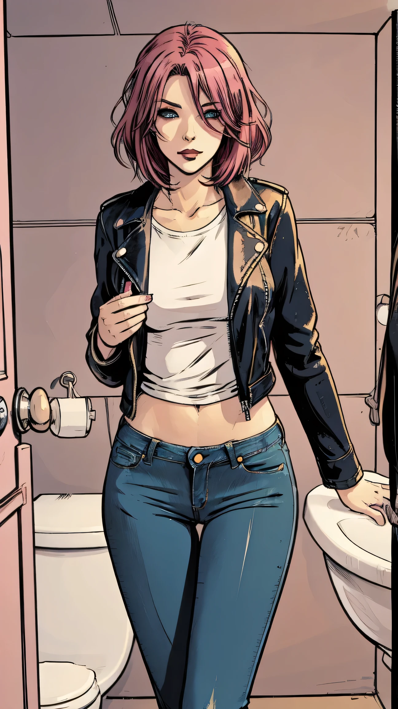 vector image, 2d cartoon,masterpiece, An anime woman,colored hair, provocative makeup,tight jeans, heels, seductive pose, leather jacket, t-shirt, taking selfie in toilet