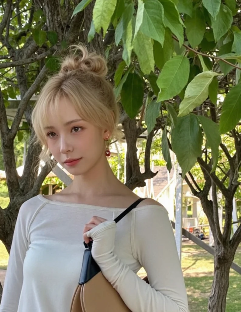 Girl, solo, dress, blonde, green eyes, braids, shorts, outreach, first view, outdoors, looking at the audience, clouds, sky, smile, wind, shoot from below