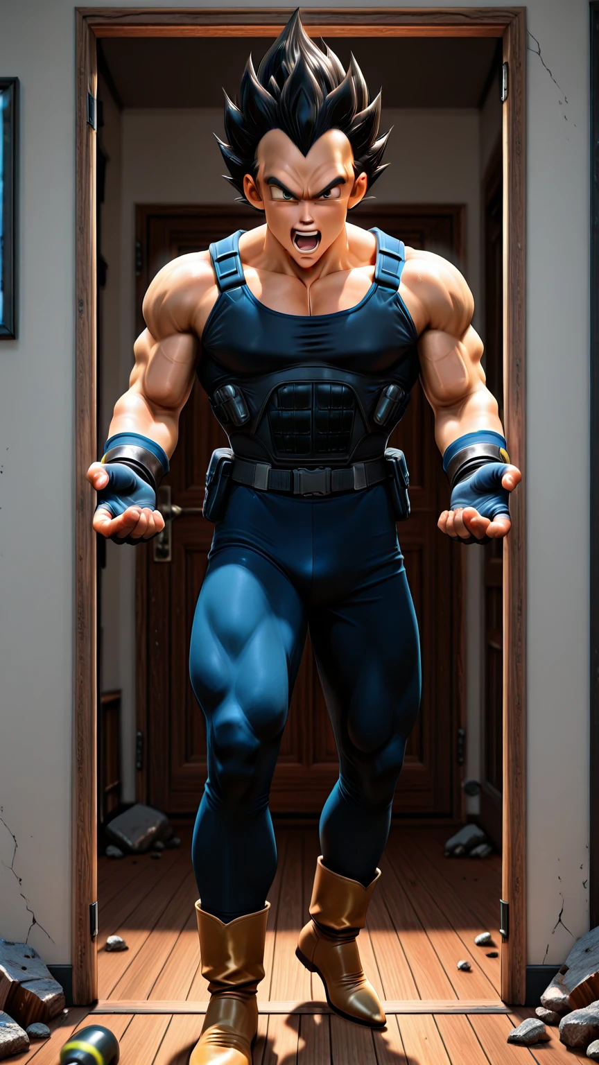 Young man with brown skin and golden hair. shaved off,with glasses and a turned-up nose.
He has a muscular body the size of a huge bodybuilder.
He wears a super tight black spandex suit, a pair of white gloves and extra long white football socks that reach up to her thighs, highlighting her legs