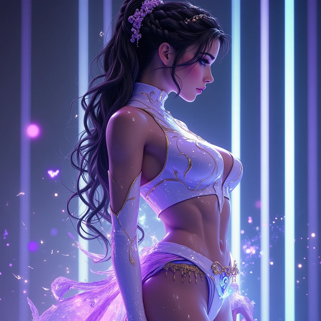 Holographic image of a stamp, showcasing a radiantly beautiful woman with a perfectly sculpted body and an enchanting face, evoking the essence of a goddess, posed elegantly with four legs folded underneath her, clad in a translucent dress that reveals her stunning figure and intricately detailed features. Her expression is one of pure ??????? and pleasure. This meticulously crafted, realistic image boasts a resolution of 8k, captured through a 50mm lens with an aperture of f50, a shutter speed of 1600, and a saturation level of 9. [nsfw]