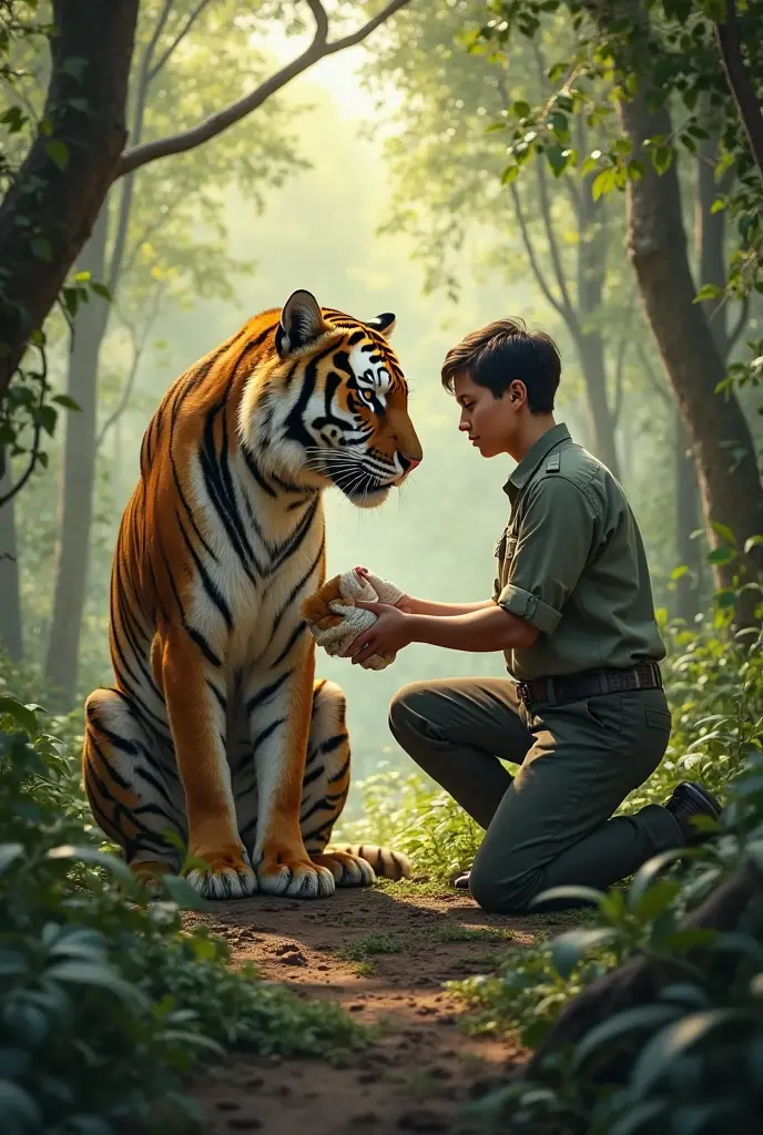Asian teen male playing with tiger