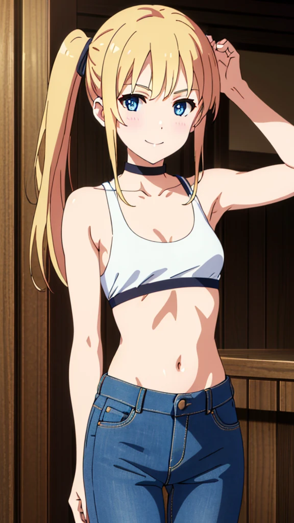 ((best quality)), ((masterpiece)), (detailed), perfect face, 25-year-old tan skinned  anime girl in a deep V-neck tied top (bare shoulders), (jean shorts), (long hair), starving, (resting hands on the stomach), (hands on the stomach), (skinny girl), (looking at viewer)