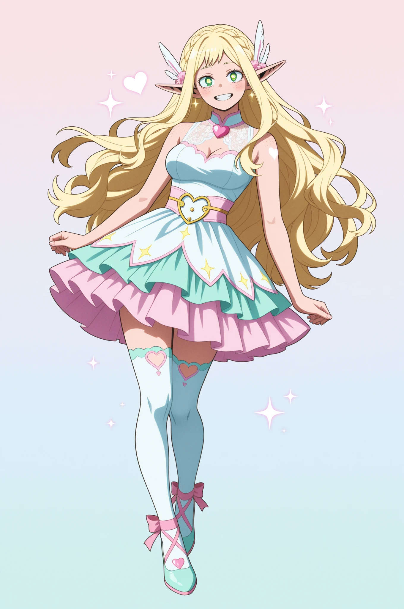score_9,score_8_up,score_7_up,score_6_up,source_anime,<lora:Cool_Rance_XL_V2:1>,solo,solo focus,1girl,full body,bangs pinned back,forehead,blonde hair,long frilled dress,looking at viewer,standing,beautiful_detailed_eyes,smile,serious,short twintails,curly hair,long hair,pink hair ornament,red eyes,small breasts,wide hips,chest cutout,hand on face,arm across waist,high heels,simple background,black background,