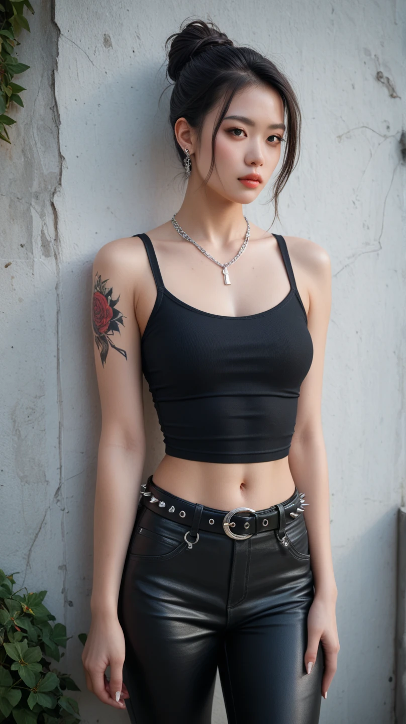 Generate an image of a woman with short black hair, Tattoos on the arms, wearing a collar, crop top, and shorts. Capture the details of your accessories, Emphasize the style and attitude they bring to her appearance. Keep a pensive expression while smoking, Ensure the overall composition reflects fashionable fusion, personality, Wainai reflection. Use lighting techniques to enhance visual impact, Create compelling female images in thoughtful moments of self-expression.