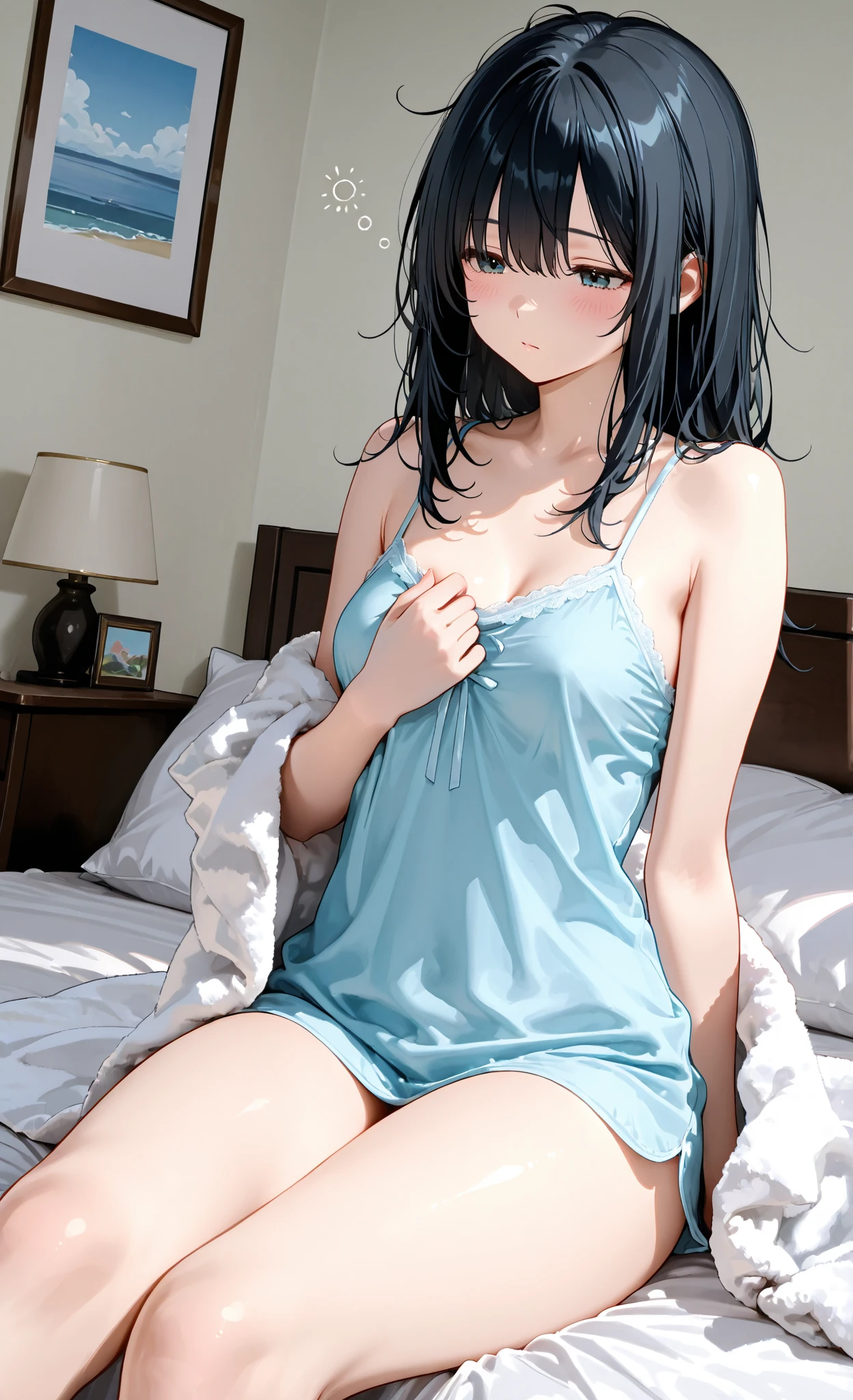 15-year-old girl, ((Off-the-shoulder shirt, miniskirt、clothes are exposed、sexy bra and underwear))、(Black Hair、Gray inner color hairstyle、Hair expressed with a delicate touch), Beautiful Hair, Facial Contour, Remember, ,Hotel, splash, moonlight、Lens flare、night,illumination、Natural Color, High resolution, Very delicate, Very detailed, 8k,Lying in bed、（Breast size around B cup）、Shyness,((Sexual)),((Sexy feeling)),Angle from the feet