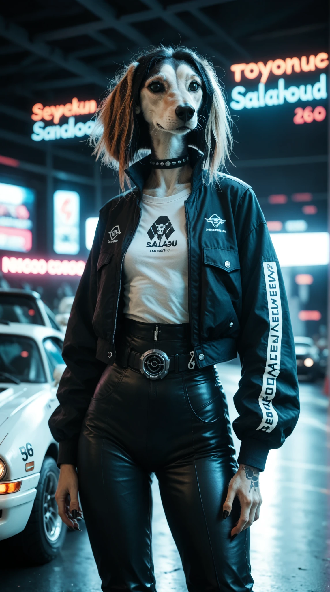 An anthro ((saluki)) woman standing next to a flying race car dressed in racing gear. Cyberpunk, cyborg, glowing neon, neon punk, neo retro, sighthound, saluki, black fur