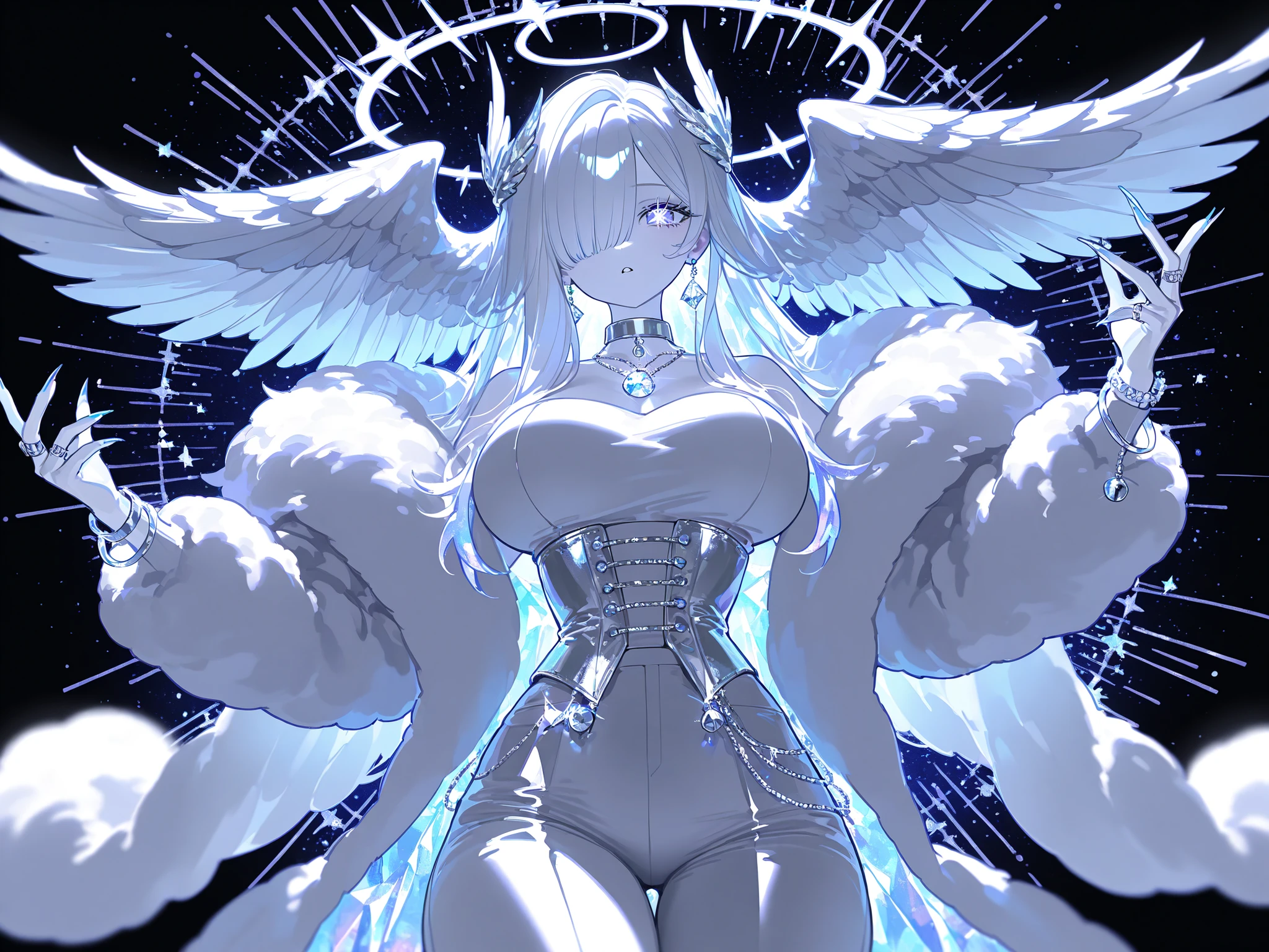(xxx667_illu,)(feathered head wings, demon head wings, [color] head wings, multicolored head wings ,)The winged woman is angel. She has a mature bodybuilding  with big breasts , thin waist and wide hips. She has sparkling white skin. She has fluffy feathered winged ears on her head. She has long diamond manicured claws.  She has long white hair combed to one side and part of her long bang over one eye covers half of her face. She has white pearly eyes with starry sparkling star-like pupils. She has two huge mother-of-pearl angelic wings on her back. She has a winged tiara. She has a  diamond halo above her head. She is dressed in a white outfit: a silver corset, bell-bottomed pearly white trousers, a silver belt with pendants, and a white short furry arctic fox fur coat. She has a lot of silver jewelry with large diamond earrings,crystal pendants on a silver choker, a bracelet, and rings with diamonds.  On the background: The starry  night sky with big moon, the silver frame of tarot card named "star".
