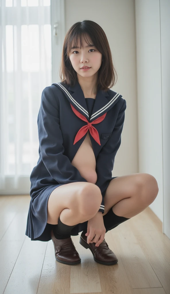 ((NSFW)),((solo photo:1.8)),((Low angle shooting:1.9)),(Masseter muscle part,highest quality:1.3),(RAW photo,realistic:1.3),(fine skin,detailed face),((wearing a white sailor school uniform:1.5,shirt lift:2.5,show your chest:1.8),(cute,),(15 years old,japanese :1.8),((blush:1.5)),(embarrassing:1.6),(In 8K),(look at the audience),((night:1.9,On a futon in a dark, cluttered room:1.8,lie down in bed:1.9,)),((big breasts:120.8,:,big ass:1.3)),(short hair:1.8,lower the bangs:1.5),natural brown hair,(natural skin texture,fine skin, hyper realism),troubled face:1.4,(Expand natural and detailed vagina:1.4,spread your legs wide open:1.6),,(happy face:1.2),