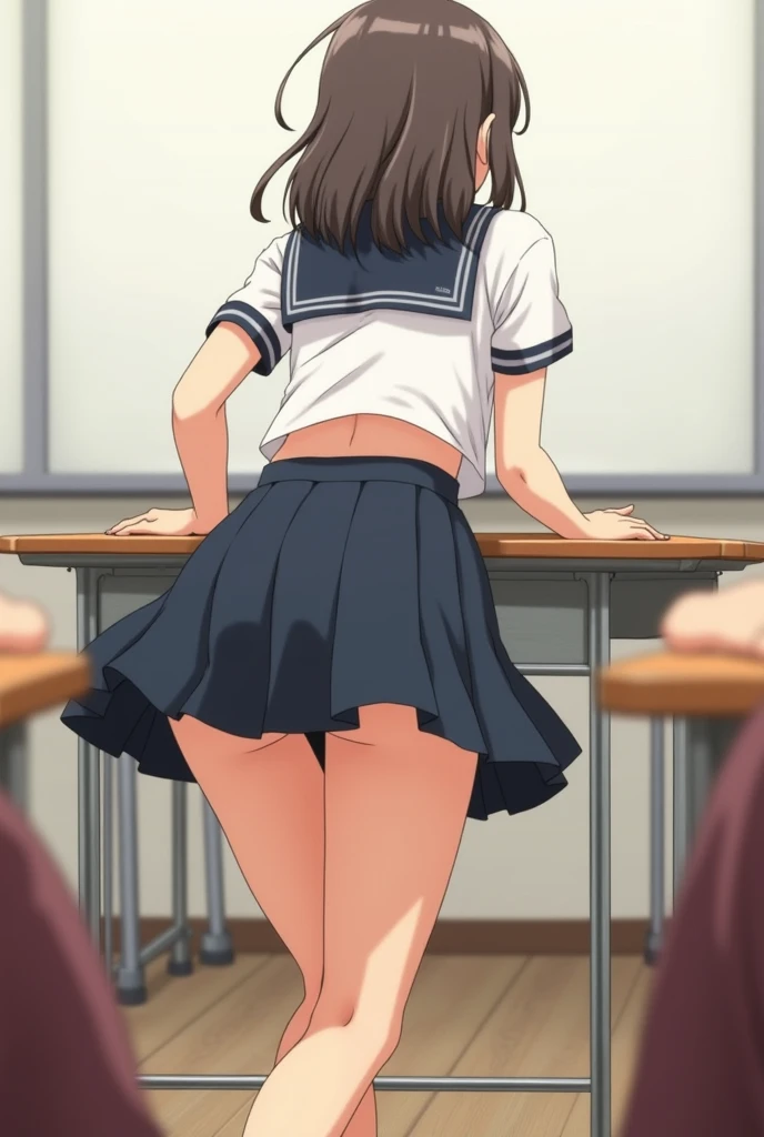ponytail、((school uniform))、((on the desk))、((Medium breast))、(((M-shaped legs)))、((Red Face))、((ON back))、(blush)、Grab your own breasts、