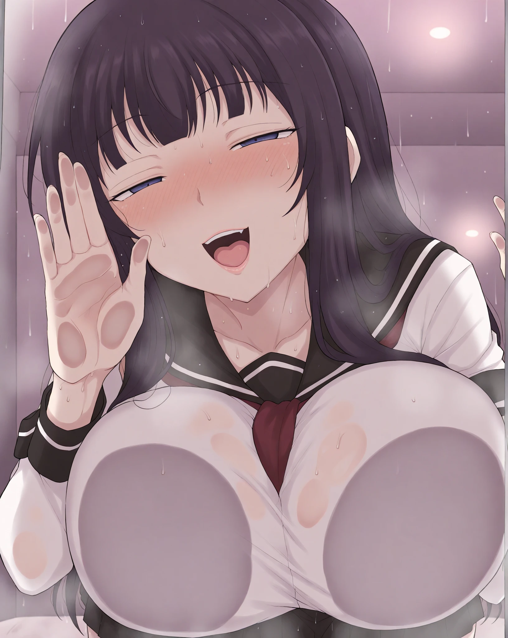 A woman is punched in the stomach with full force, causing her nose to run and drool.、A high school girl with a swollen belly smiles and drips snot while getting sexually excited