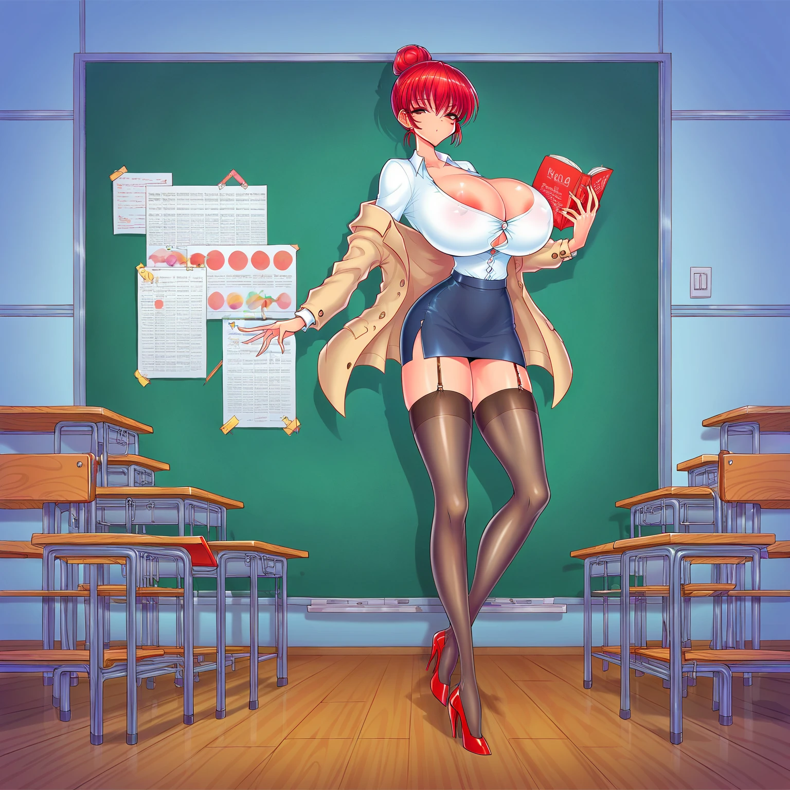 (Masterpiece, Best Quality, High Quality:1.4), professional artwork, Intricate Details, field of view, sharp focus, detailed painting, masterpiece, cinematic lighting, trending on pixiv, (vivid lighting, vibrant colors, by by Nagasawa Rosetsu:1.05),
Hiroko Takashiro, (mature female, milf:1.1), solo, (curvy:1.1), standing near chalkboard, holding chalk, classroom, (full body shot:1.1),
(red hair:1.05), long hair, lipstick, makeup, ultra detail hair, ultra detail face, (purple eyes:1.05), perfect eyes, perfect face, earrings, (confused, blush:1.2),
shirt, jacket, (black thighhighs, garter belt:1.1), zettai ryouiki, pencil skirt, school uniform, highheels,
(Large Breasts:1.1), Cleavage, big ass, thighs,