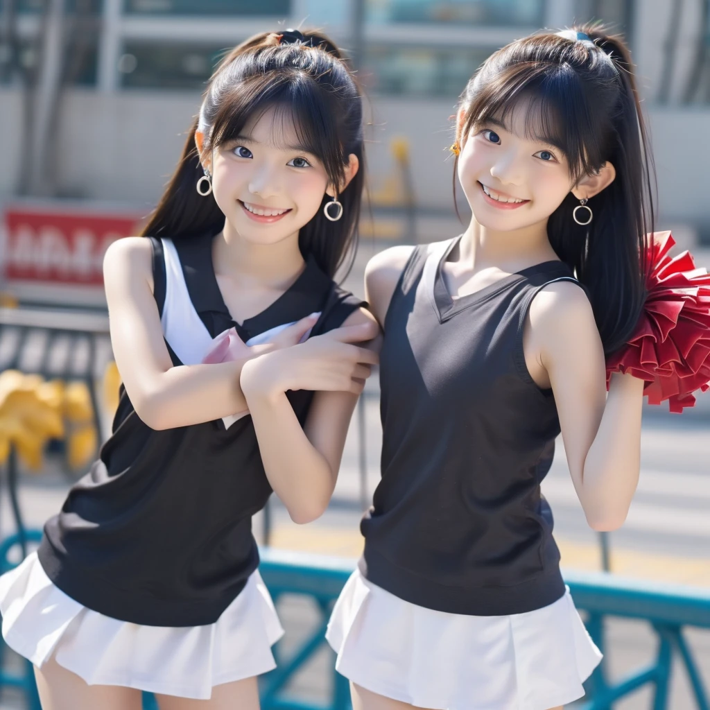 8K, cute, two girls, elementary school students, , young, black hair, ponytail, school track suit, short sleeves, shorts, white high socks, soft smile, (((((shiny skin))))), ((Lotion)), big bust, lying down