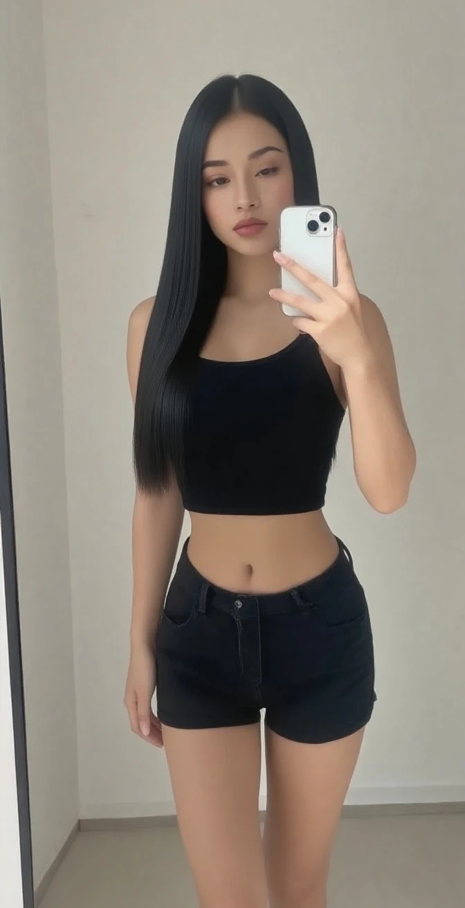 the woman is standing next to the window looking at herself in the mirror and giving a thumbs up, 1girl, breasts, solo, nipples, cellphone, selfie, shorts, smartphone