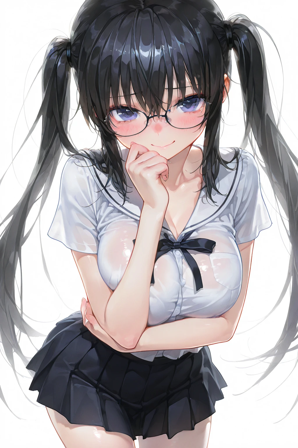 ultra-detailliert, Best Quality, High resolution, ((A petite, black-haired girl with big face and cute droopy eyes looks up.))、Pretty eyes、Detailed eye depiction、Eye sparkle、Sareme、Looking at Viewer, pale skin、(((Petite))), 　（Naked Wedding Dresses）、(flat chest), 　(big glasses),　 (blush:1.2), （big eye：1.5）, Shy smile, NSFW,　In the park where cherry blossoms dance, Focus on the face, Long hair with braids,　((Super close-up of the face))、(((from above)))、open_mouth, tongue_out