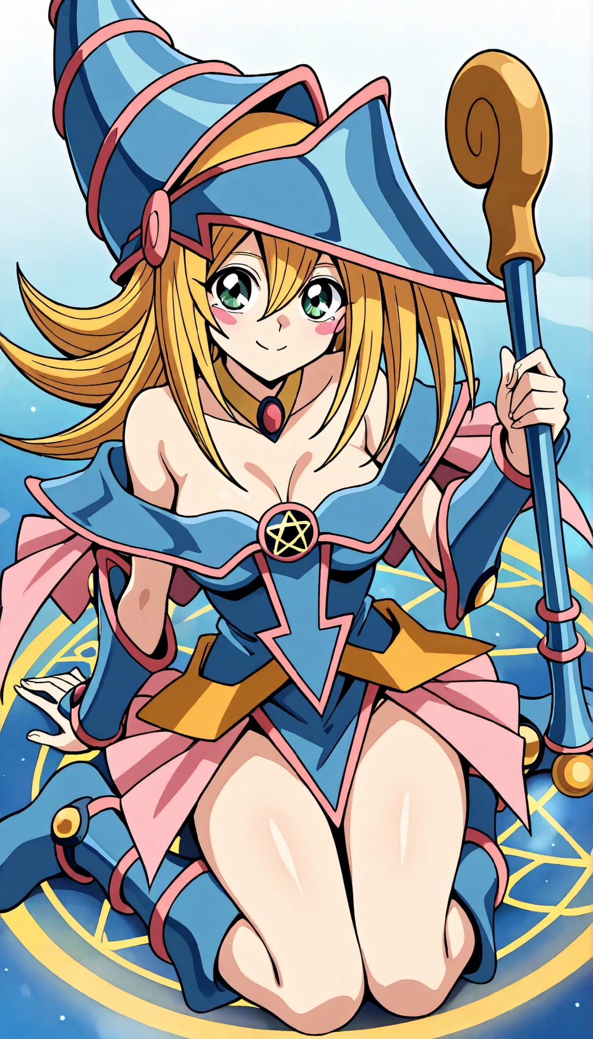 Black Magician Girl,smile,wariza,bottom-up,Estrus season,Female face,Medium breasts,blonde hair,pink magic circle,8K, 4k, highest quality, High resolution: 1.2),cute anime face、Pink blush on cheeks、noise removal、Leotard that bites into,(1 cane),have a cane、Hold your cane、