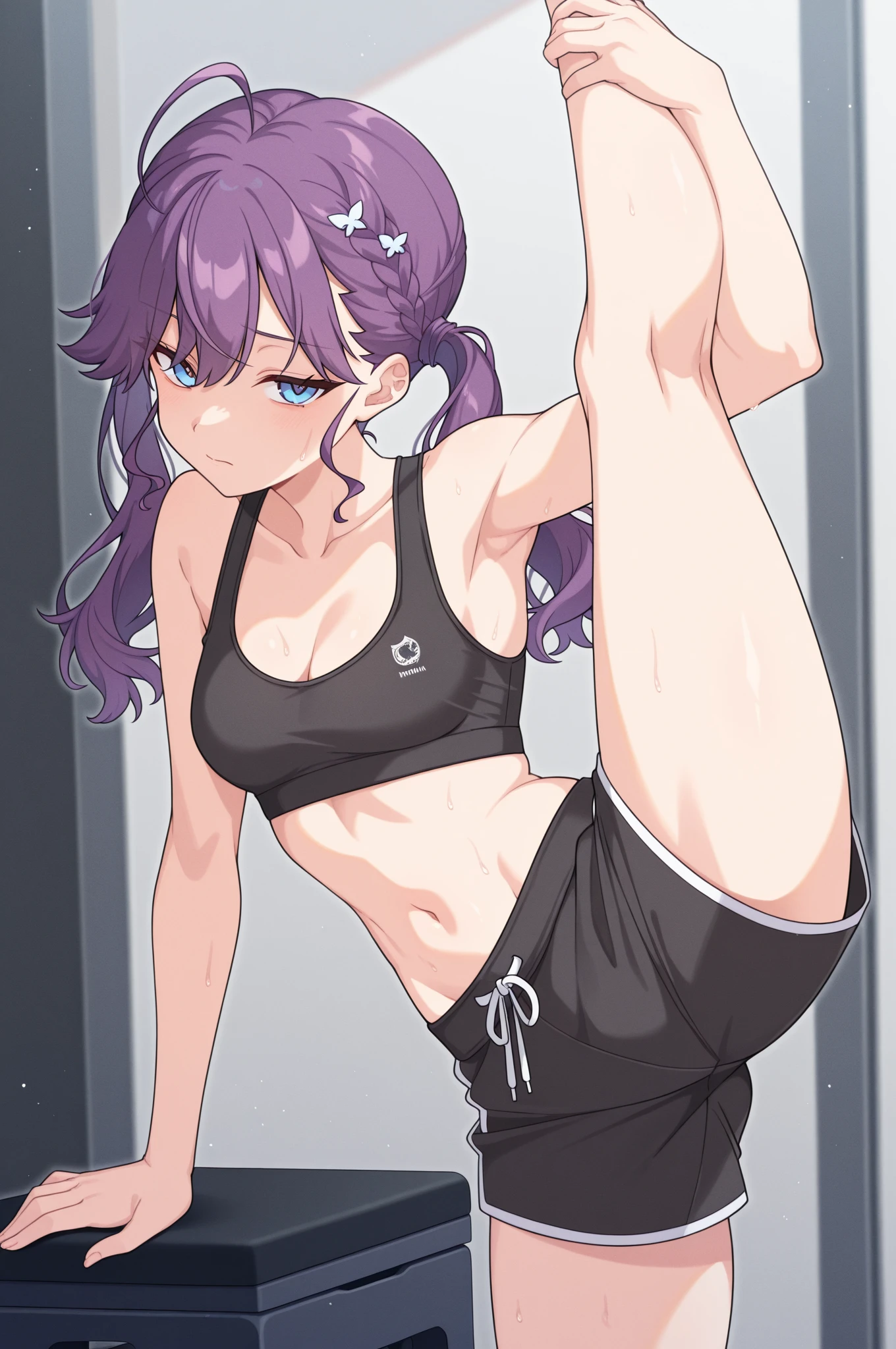 Emilia re:zero, purple eyes, Emilia, crown braid, x hair ornament, flower hair ornament, white hair, long hair, medium breasts, anime girl in black outfit with a big boot and big breasts, thicc, seductive anime girl, most strongest pose, thighs!!!, fit girl, hands behind her body pose!, dramatic smirk pose, female protagonist 👀 :8, anime pose, anime moe artstyle, thighs!!!!!!, strong pose, badass pose, beautiful anime girl squatting, with peace sign, holding leg above head, leg hold, Sports bra, tight top, yoga pants, nipples pokies,