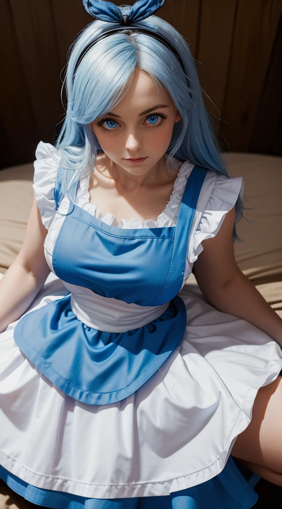 raw photo, smurfette, (blue skin:1.1), blonde, white dress, cap, stockings, highly detailed, professional, <lora:smurfette1:0.45>